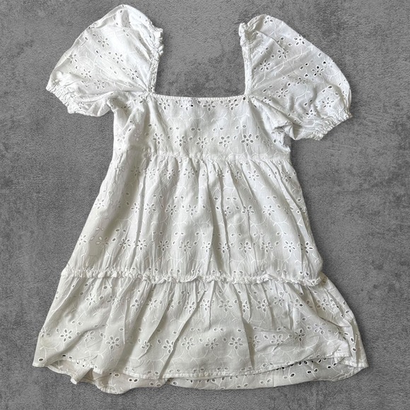 H&M Divided Dresses & Skirts - H&M White Eyelet Puff Sleeve Tiered Babydoll Mini Dress Womens Size M